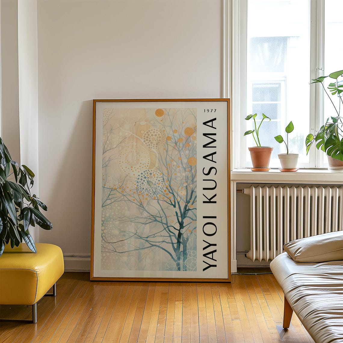 Yayoi Kusama 1977 Pale Blue Tree with Gold Polka Dots Poster - Image 3