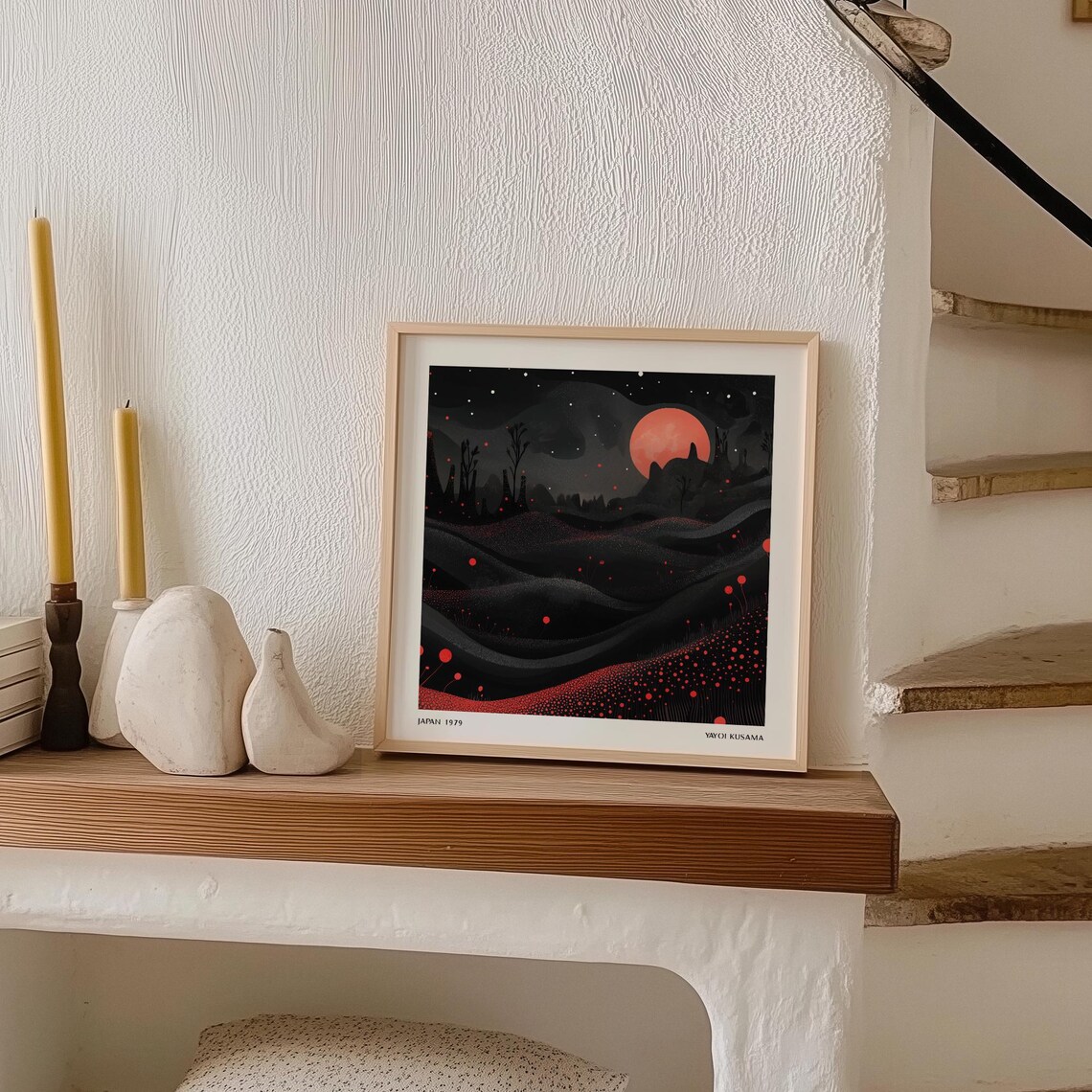 Glowing Red Moon Over Black Dunes Yayoi Kusama Japan 1979 Poster - Image 3