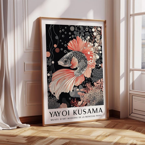 Oriental Asian Wall Art Japanese Betta Fish Print In Yayoi Kusama Style Black And Coral Ocean Illustration For Modern Interiors
