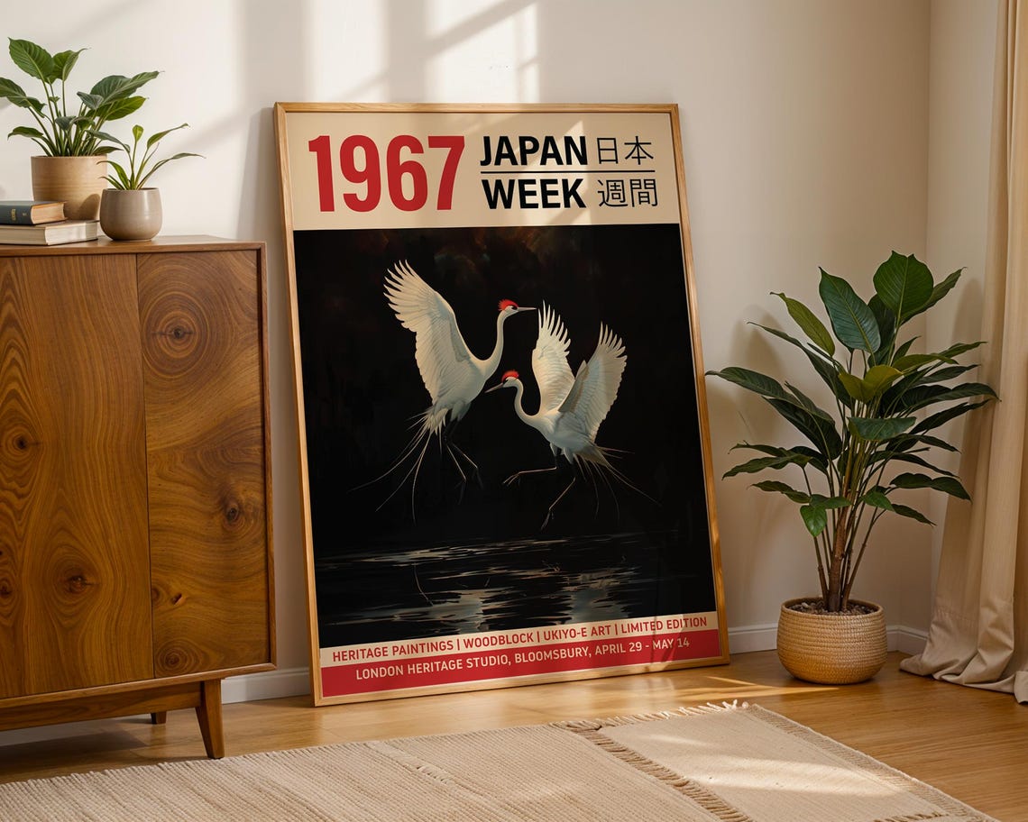 1967 Japan Week Dancing Cranes Night Water Vintage Art Poster - Image 3
