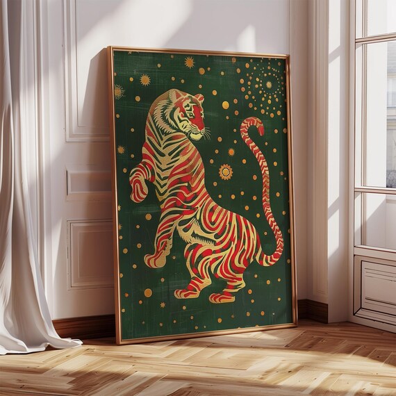 Ornate Red Gold Tiger Green Japanese Style Animal Art Poster