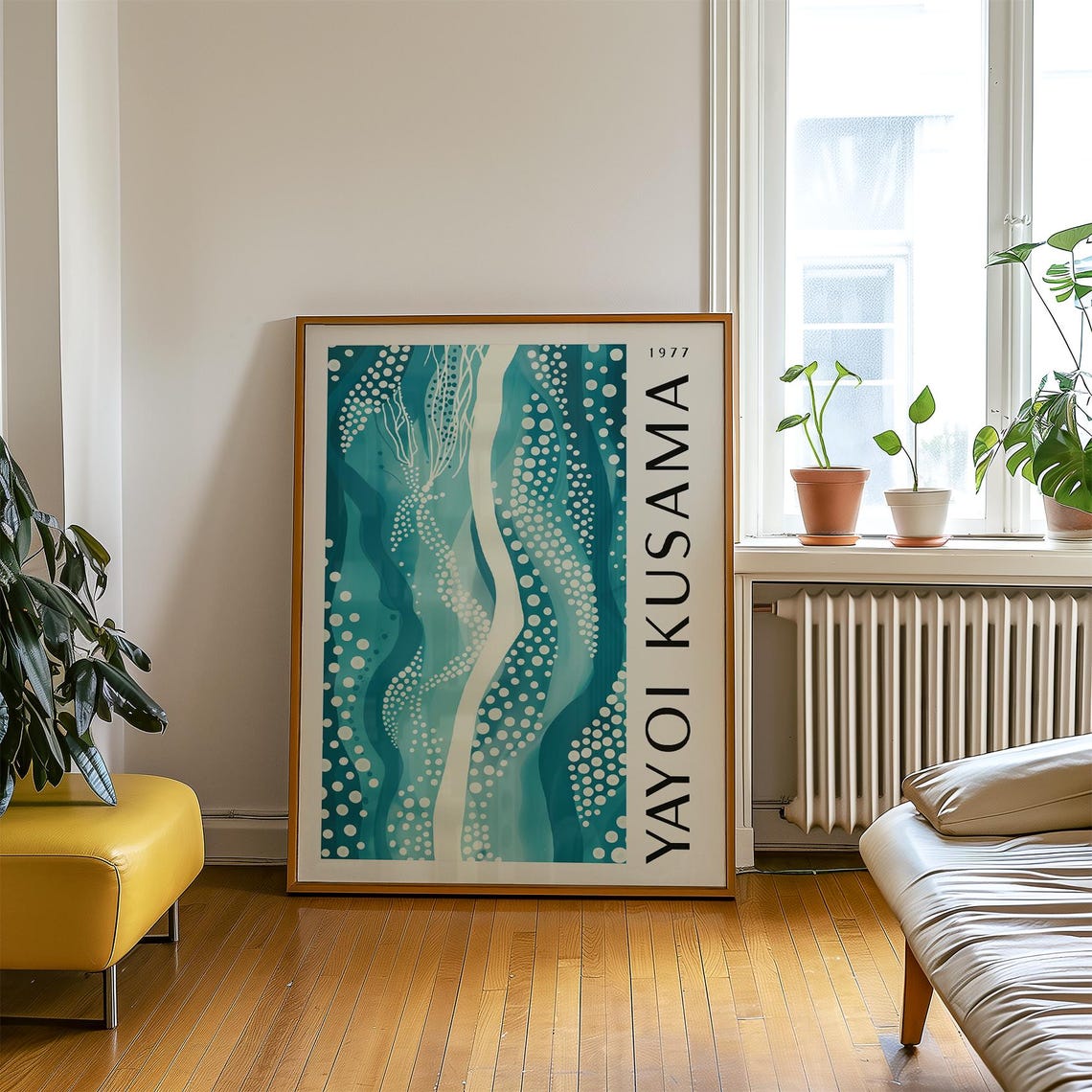 Yayoi Kusama 1977 Teal Wave Pattern with White Polka Dot Poster - Image 3