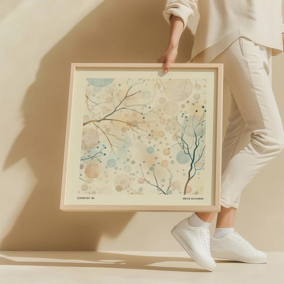 Neutral Abstract Nature Print Minimalist Tree Wall Art Pastel Dot Artwork Japandi Decor For Living Room Bedroom Yayoi Kusama Square Wall Art