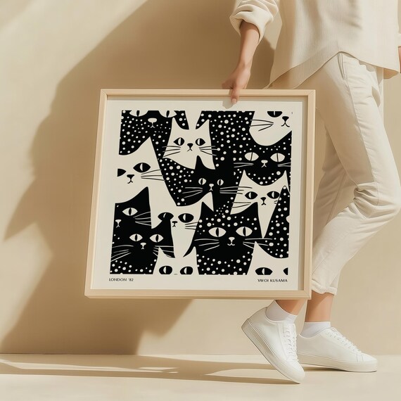 Black And White Cat Faces Collage Dotted Yayoi Kusama Poster