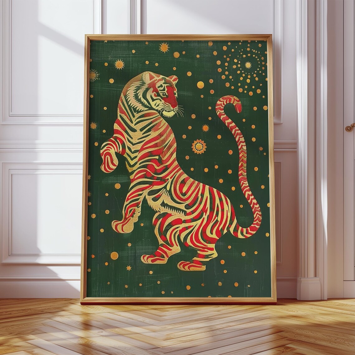 Ornate Red Gold Tiger Green Japanese Style Animal Art Poster - Image 2