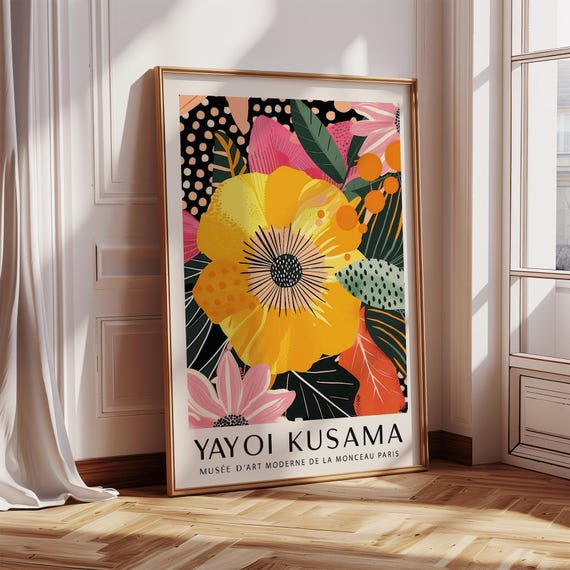 Yellow Floral Wall Art Colourful Tropical Poster Yayoi Kusama Inspired Modern Flower Print For Living Room Office Bedroom Or Kitchen