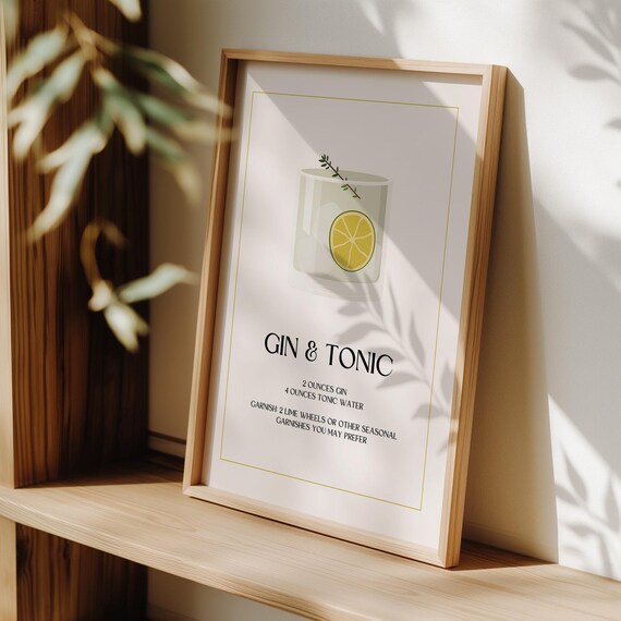 Gin and Tonic Cocktail Recipe Poster Minimalist Bar Kitchen Decor
