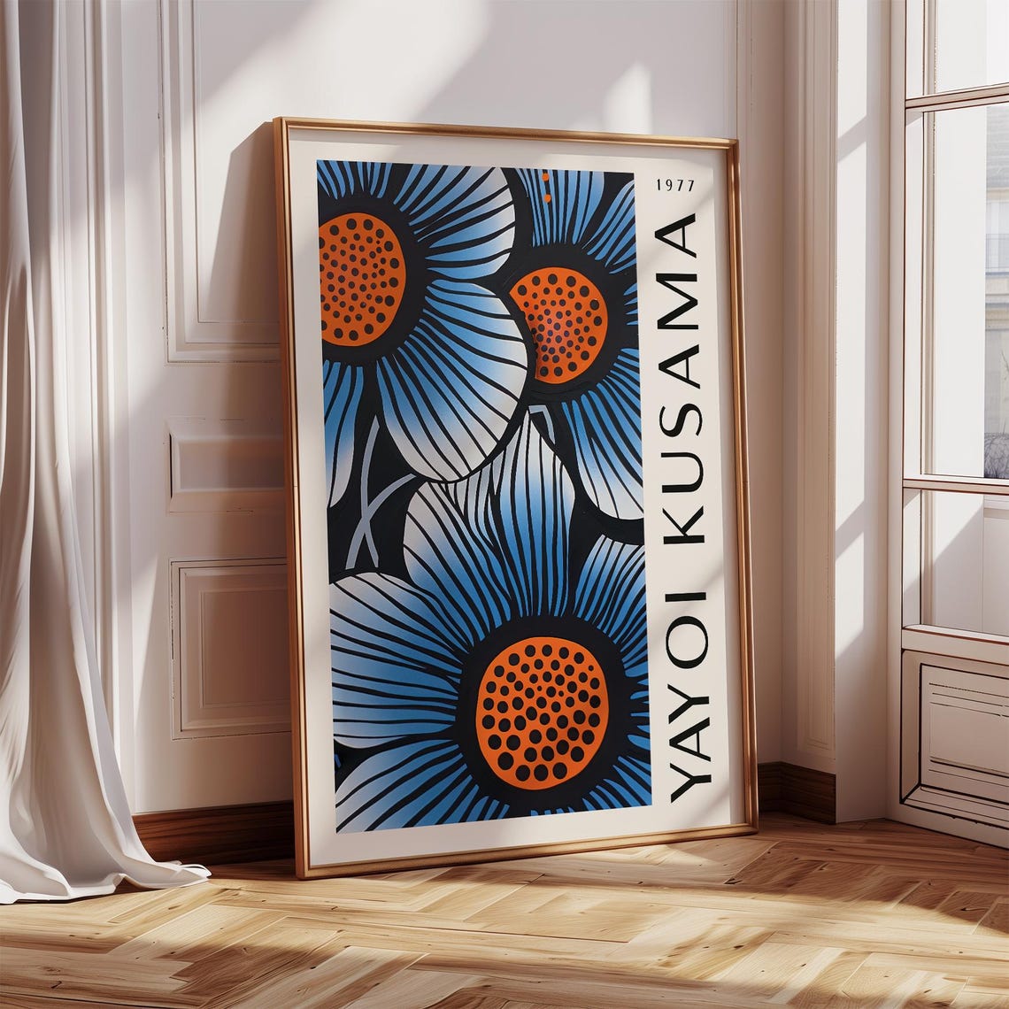 Yayoi Kusama 1977 Blue Flowers with Orange Dot Centers Poster