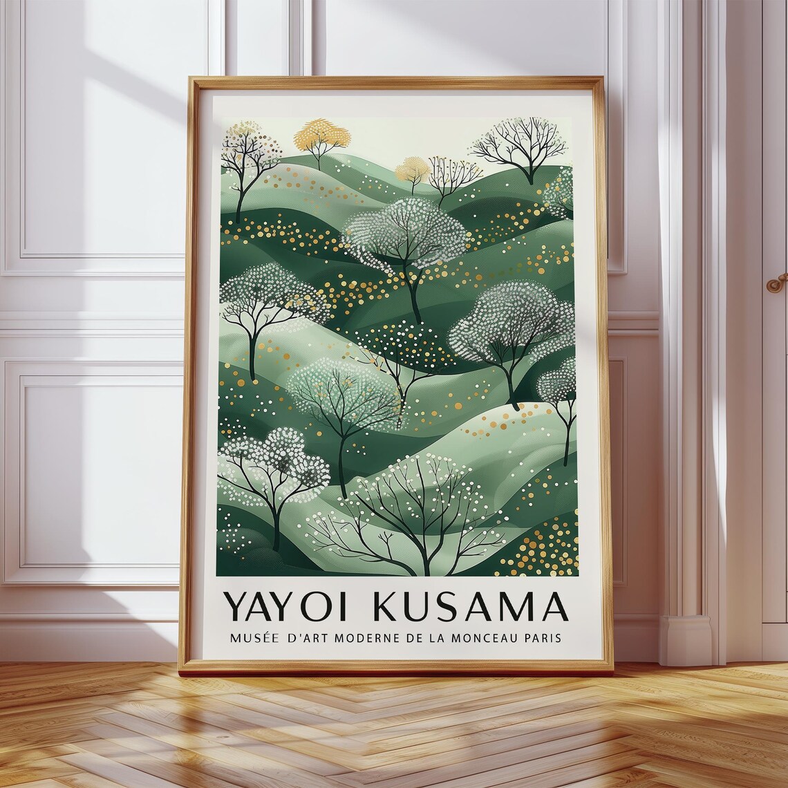 Yayoi Kusama Green Rolling Hills Trees Golden Dots Nature Poster - Image 4