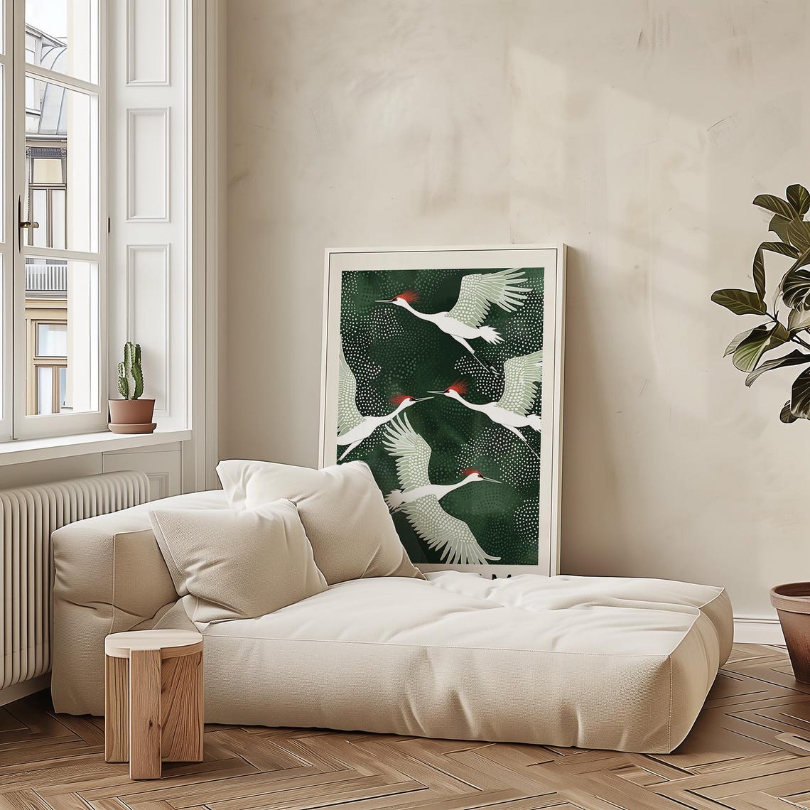 White Cranes Red Crowns Deep Green Modern Japanese Style Poster
