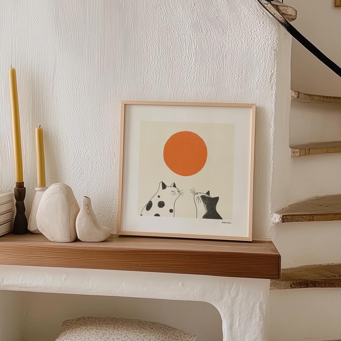 Two Sweet Cats Gazing Up at a Big Red Sun Minimalist Japanese Poster - Image 3