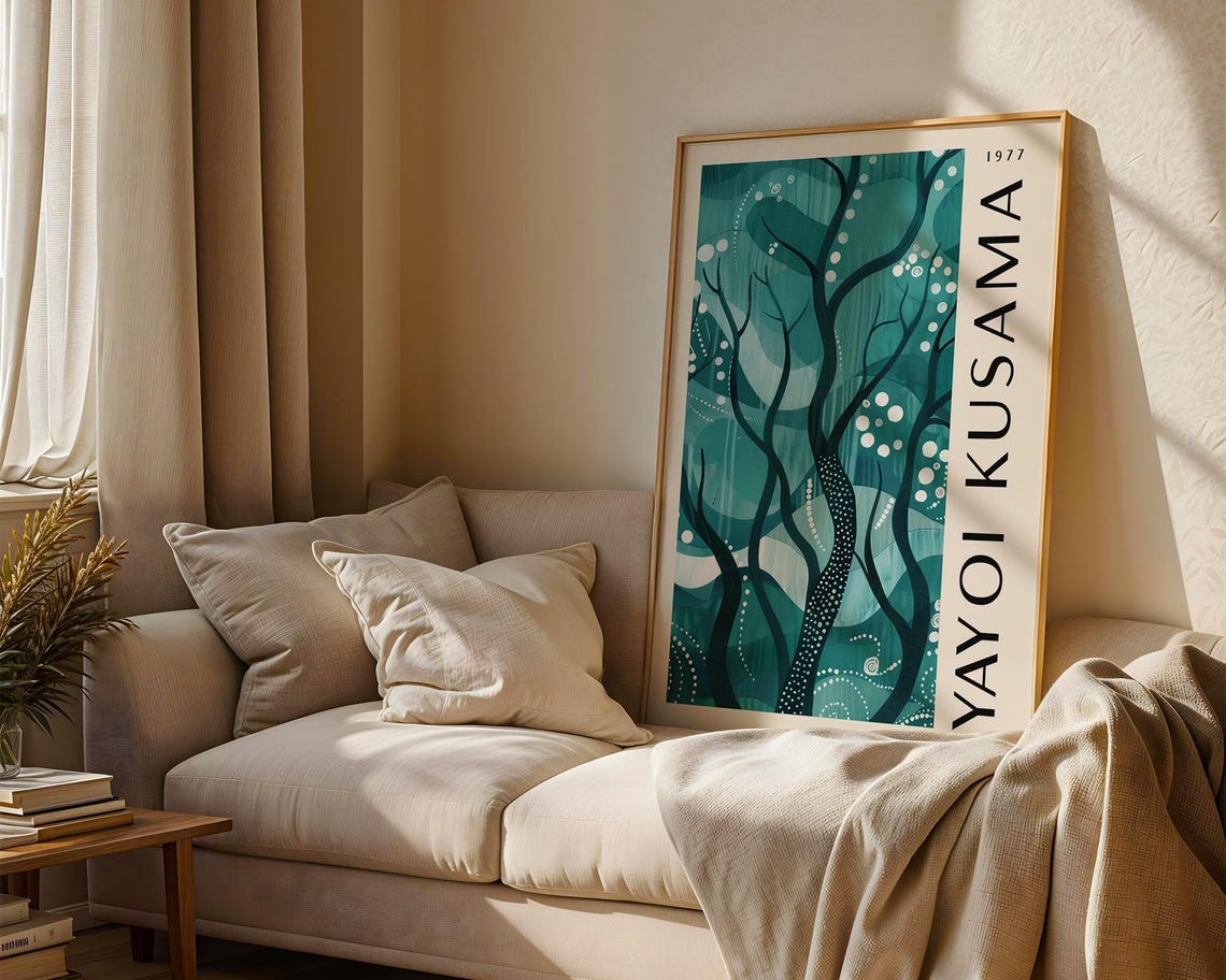 Yayoi Kusama 1977 Teal Tree Silhouette Polka Dot Gallery Poster - Image 2