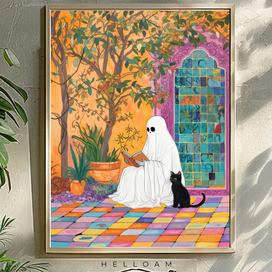 Ghost Reading Book On Colorful Tiled Patio With Black Cat Halloween Poster