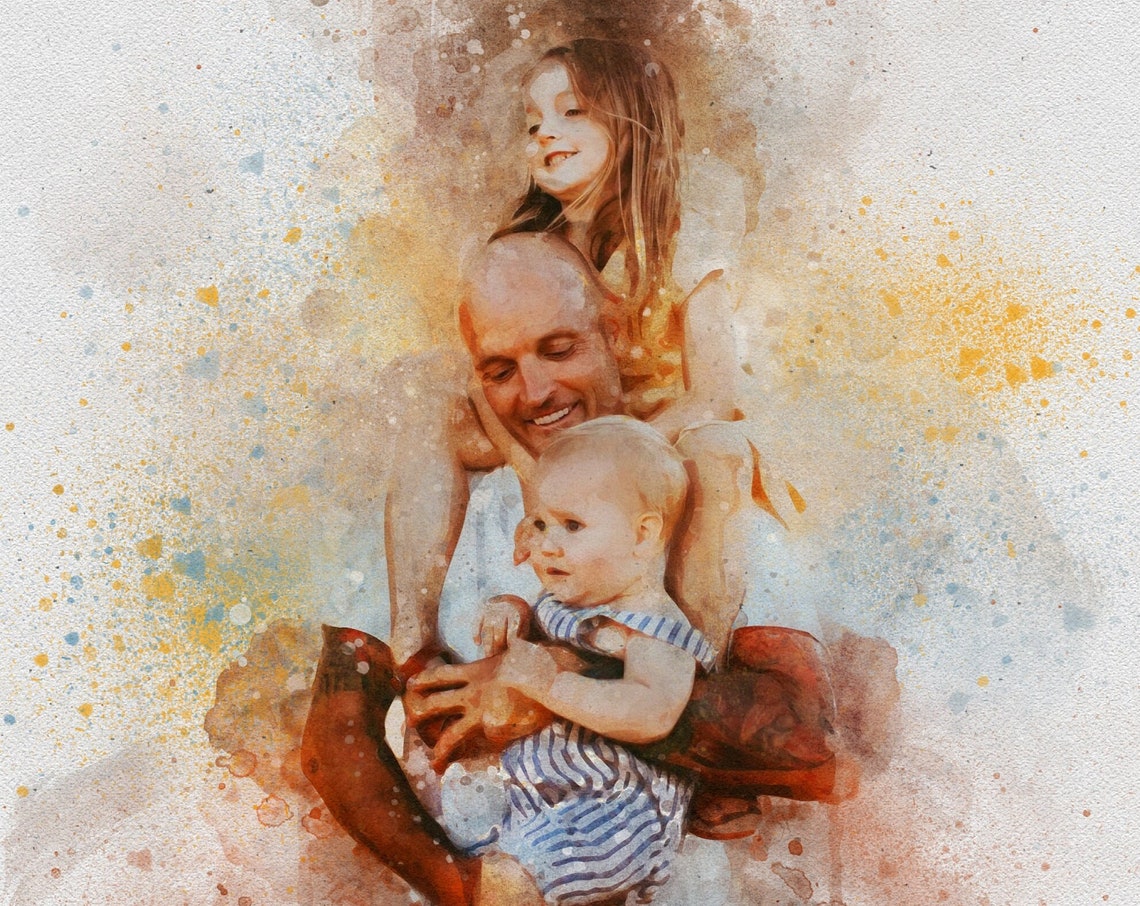 Custom Watercolor Dad With Kids Portrait Golden Splash Art Poster