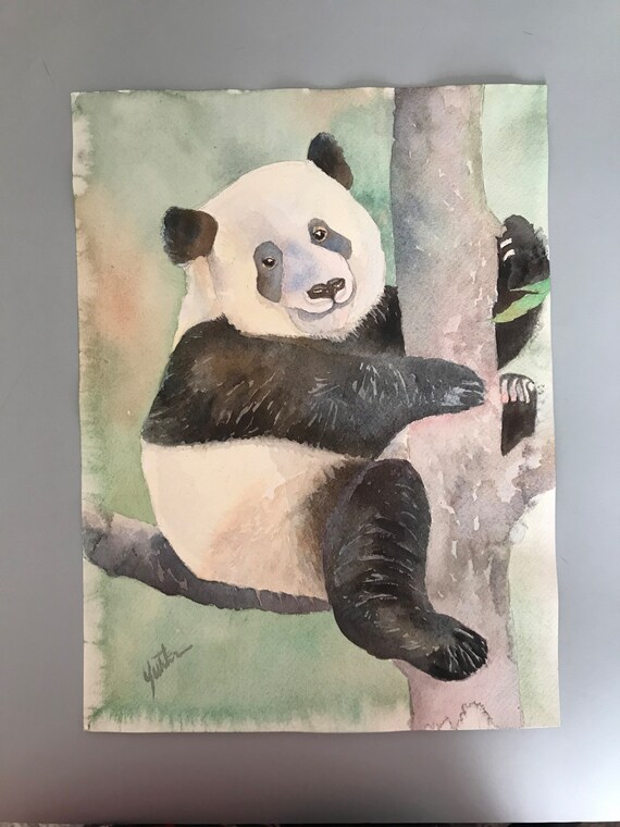 Giant Panda Climbing a Tree Watercolor Wildlife Portrait Poster