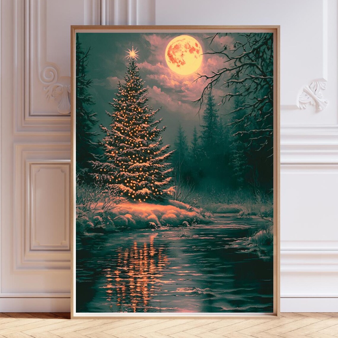 Moody Christmas Tree Painting, Farmhouse Winter Art Print