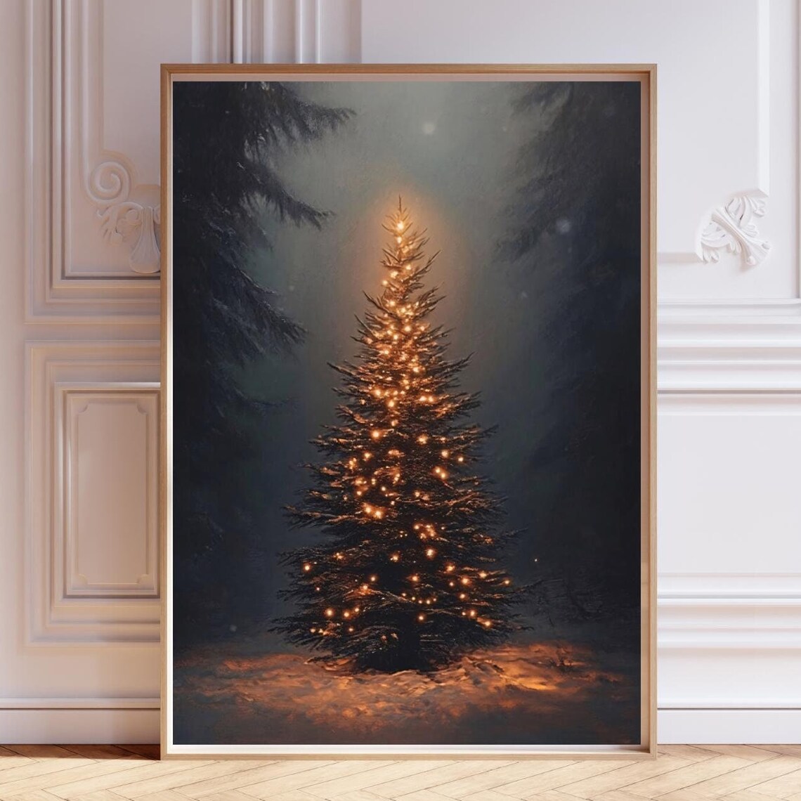 Moody Glowing Christmas Tree Dark Pine Forest Winter Painting Art Poster