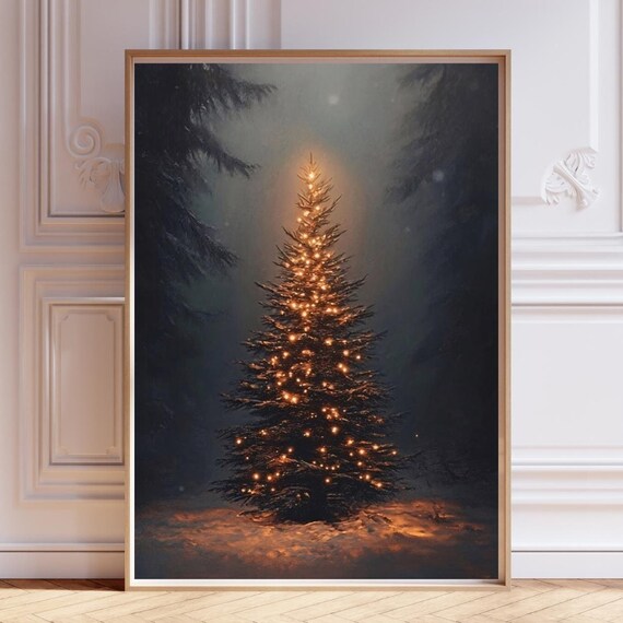 Moody Glowing Christmas Tree Dark Pine Forest Winter Painting Art Poster