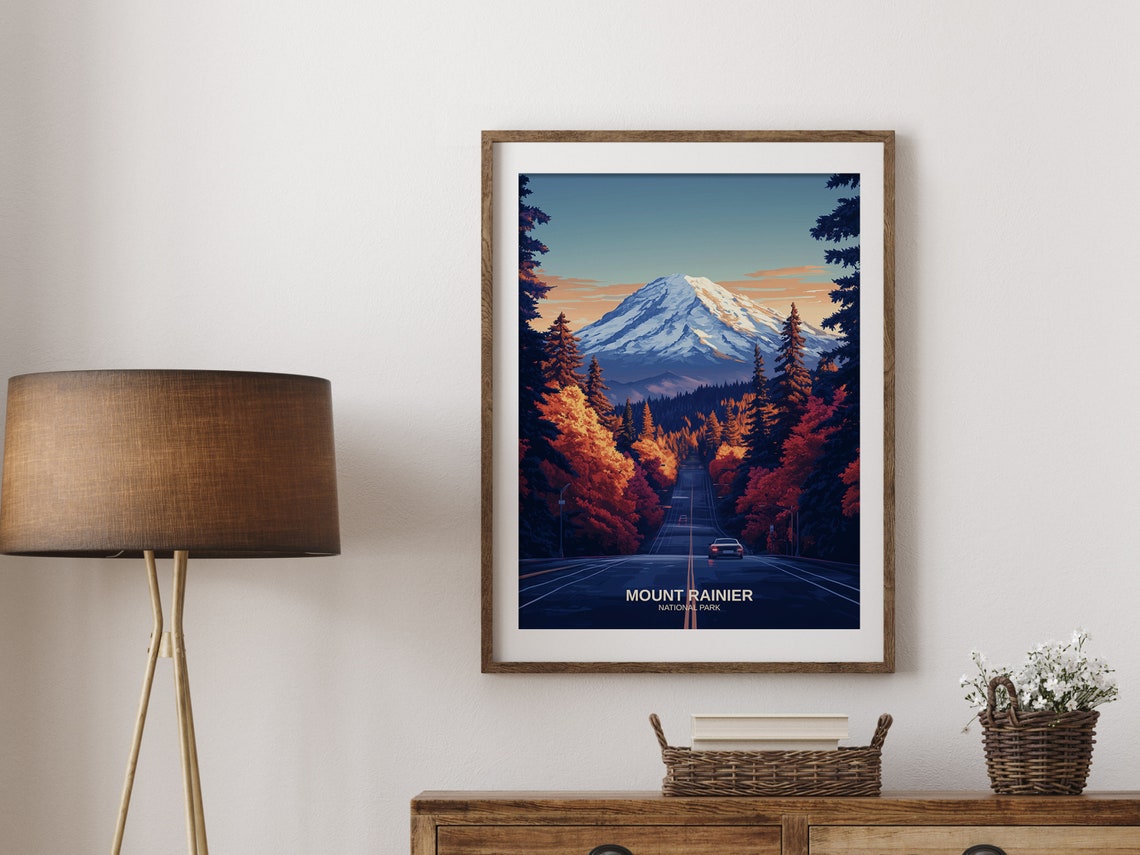 Mount Rainier National Park Snowy Peak Autumn Road Sunset Poster - Image 2