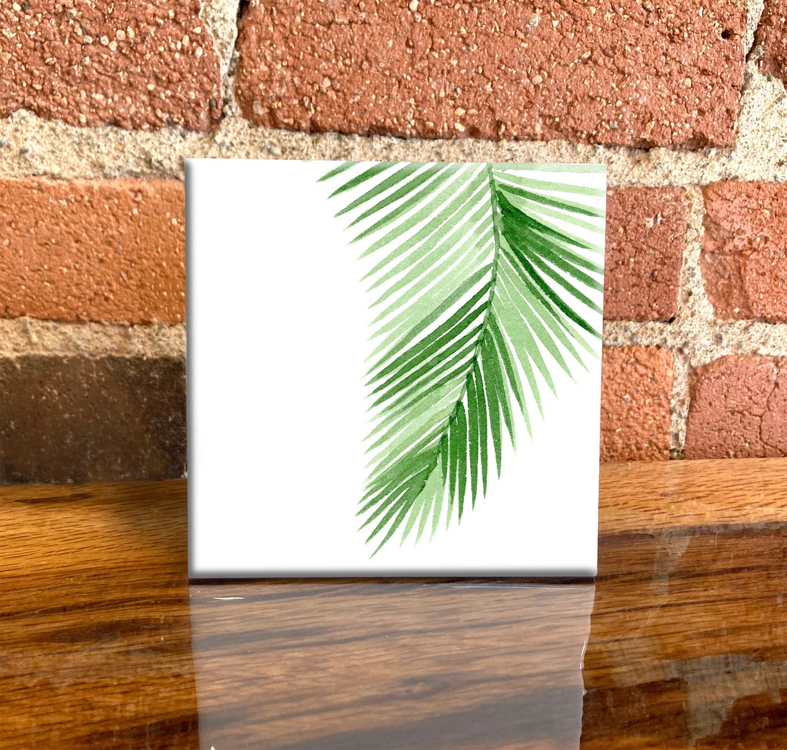 Green Palm Frond Tropical Botanical Watercolor Ceramic Tile Wall Art