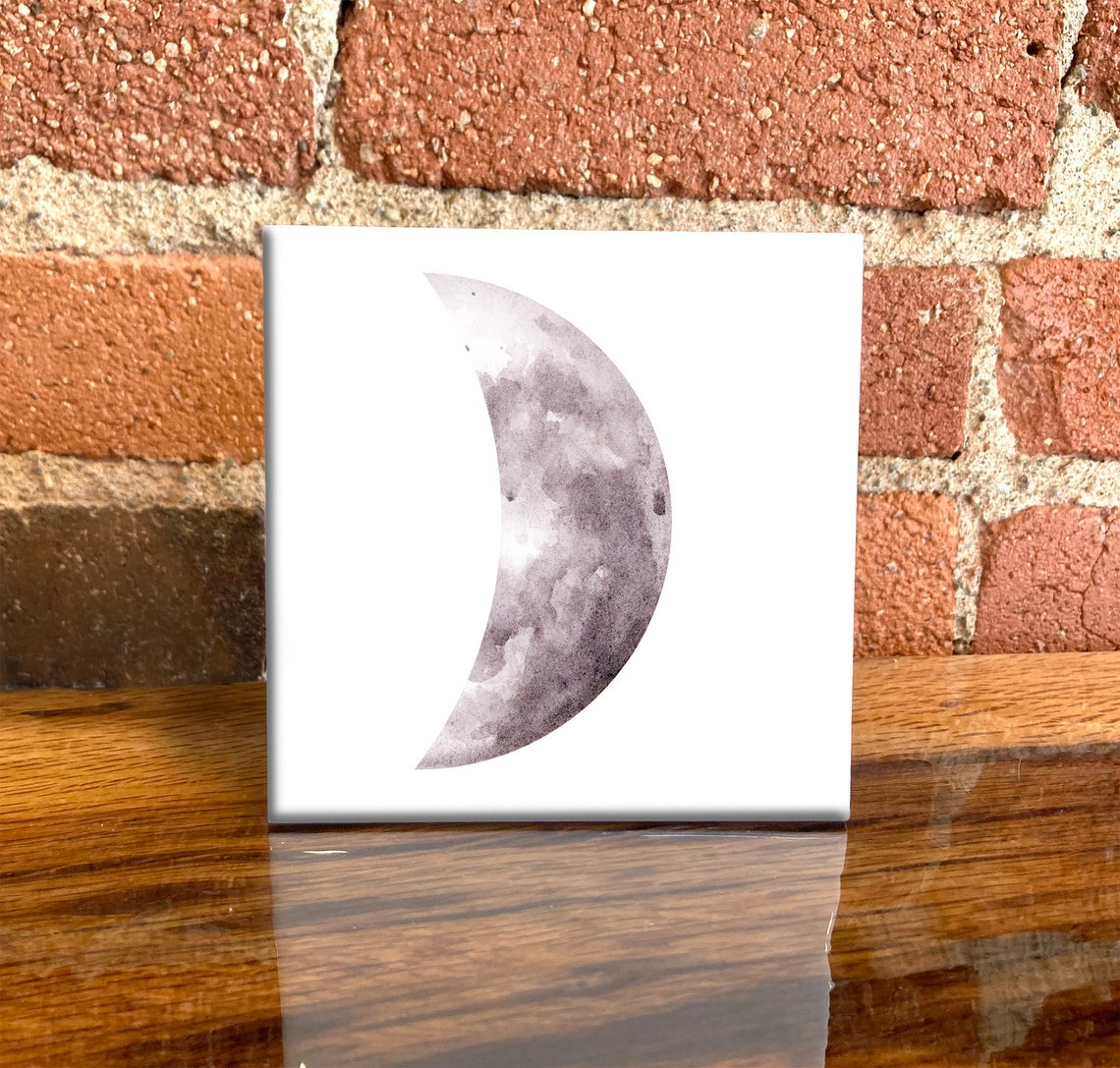 Left-Facing Crescent Moon Watercolor Celestial Ceramic Tile Wall Art