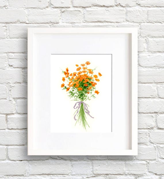 Watercolor Poppies Art Print, Orange Floral Bouquet