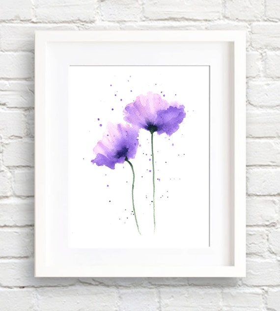 Poppies Watercolor Art Print, Purple Floral Decor