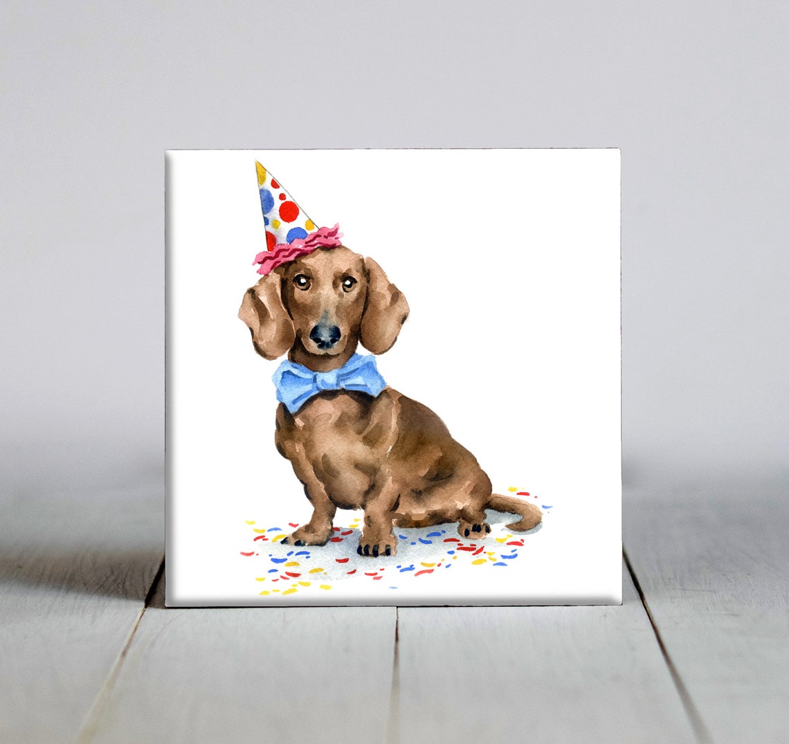 Birthday Dachshund Party Hat Watercolor Ceramic Tile Wall Art