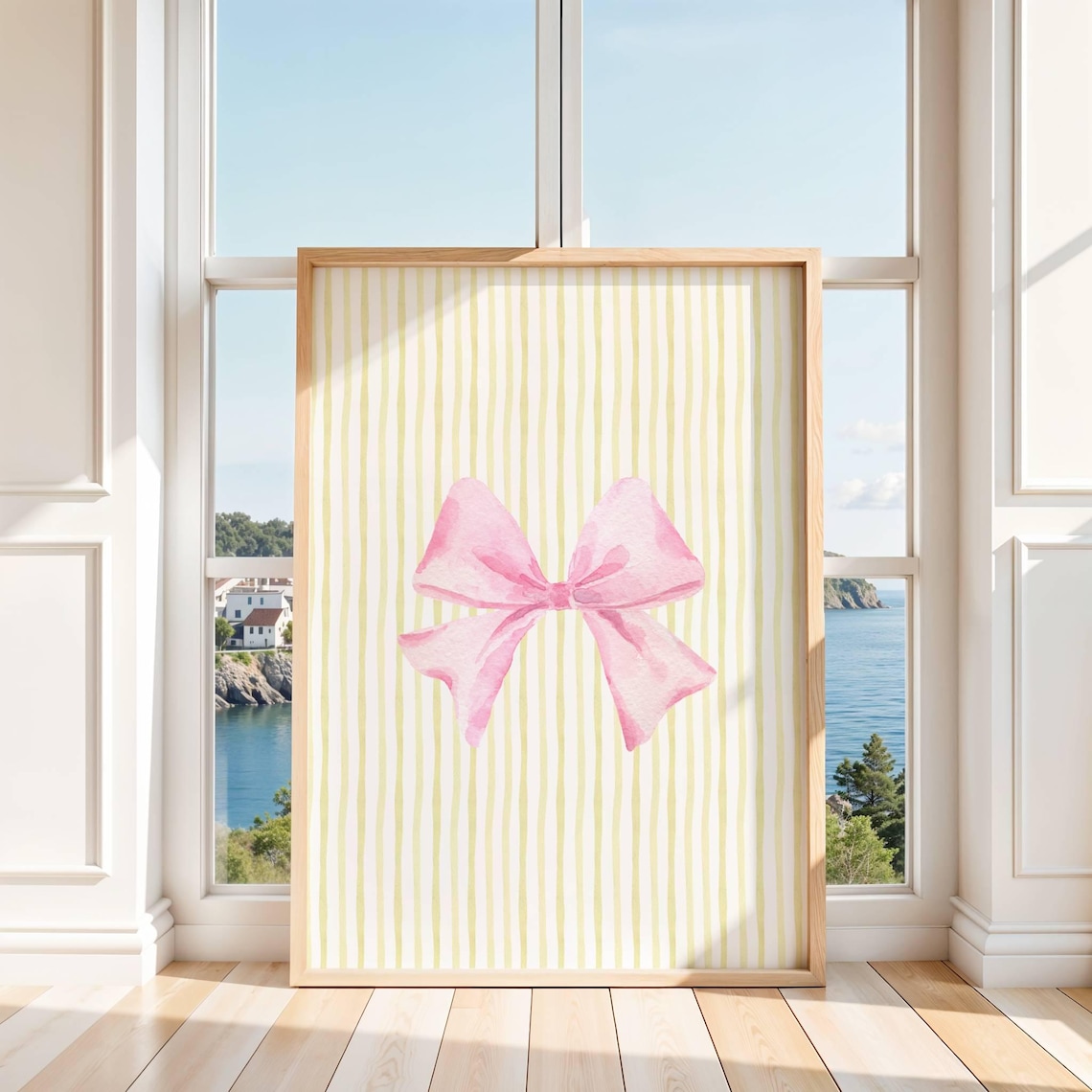 Pink Watercolor Bow Green Striped Coquette Preppy Bedroom Decor Poster
