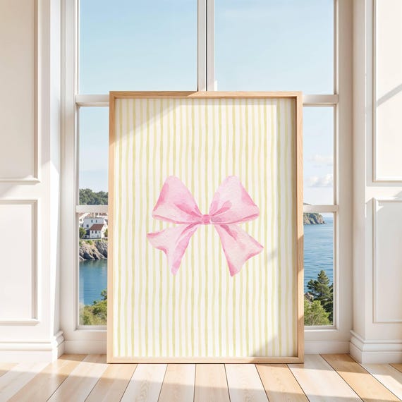 Pink Bow With Yellow Stripes Print Girly Wall Art Cute Preppy Dorm Decor Coquette For Bedroom Or Gallery