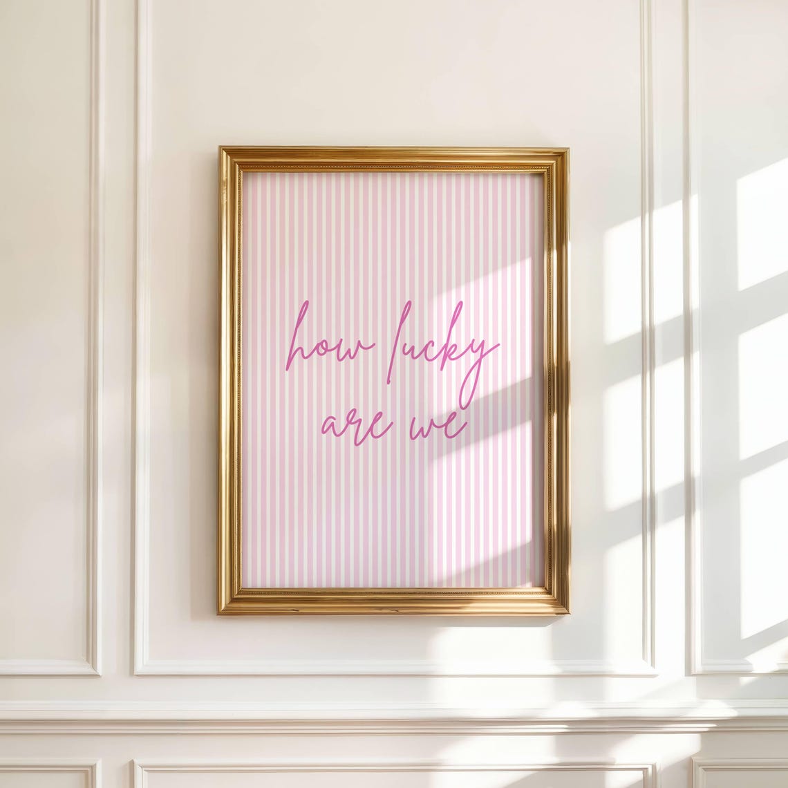 How Lucky Are We Pink Script Blush Striped Quote Wall Decor Poster