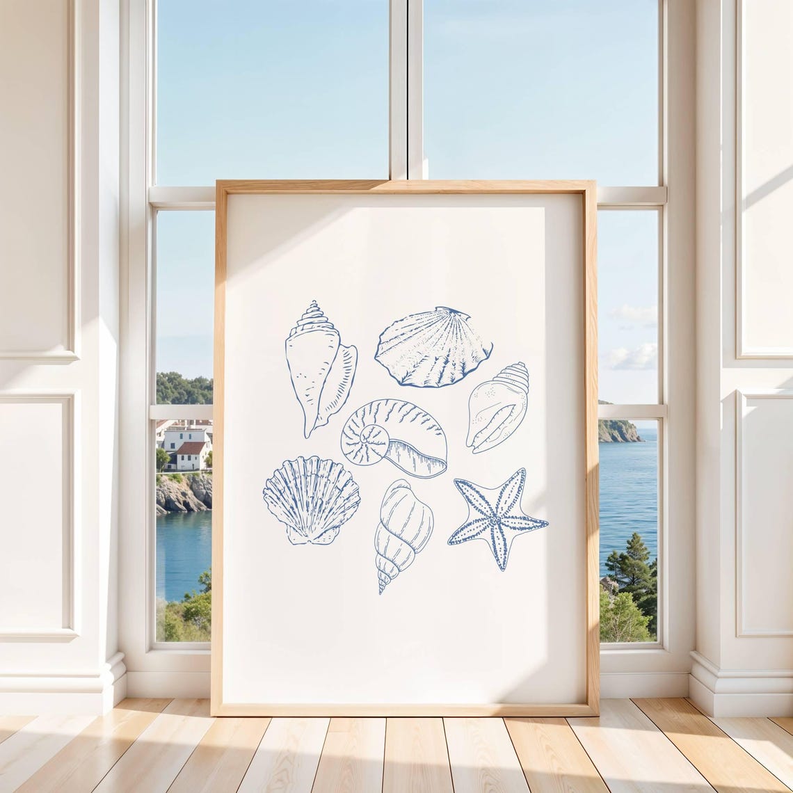 Blue Line Drawn Seashells and Starfish Coastal Sketch Art Print