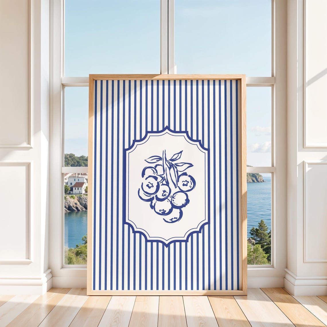 Blueberry Sprig Botanical Label Navy Striped Kitchen Art Print
