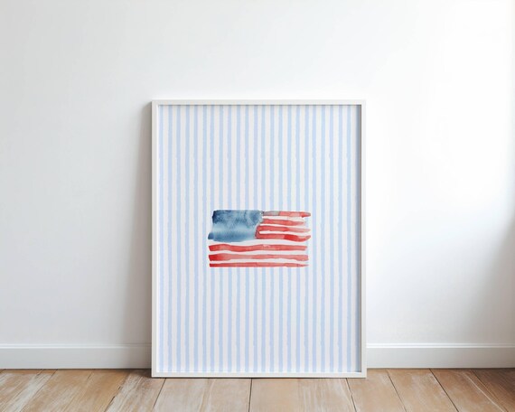 Watercolor American Flag Blue Striped Coastal Preppy Decor Poster