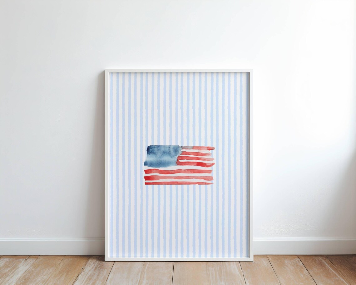 Watercolor American Flag Blue Striped Coastal Preppy Decor Poster