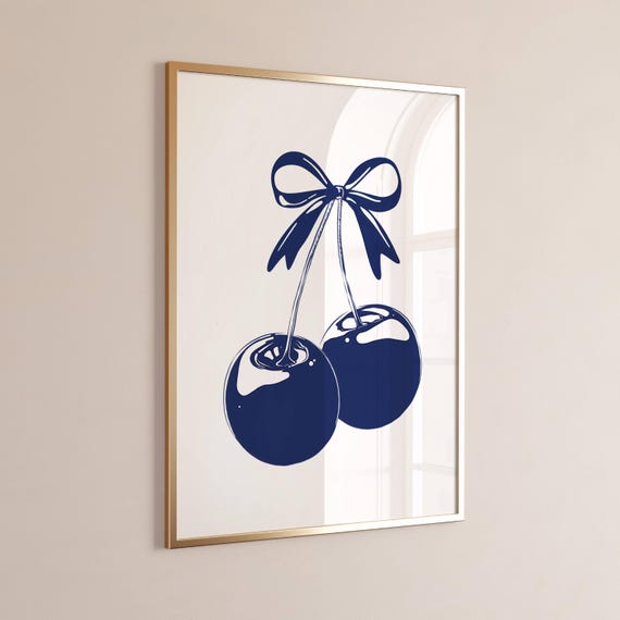 Navy Blue Cherry Print Retro Wall Art For Dorm Room Or Bedroom Cool Girl Decor