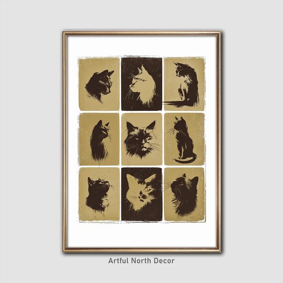 Retro Black Cat Silhouette Grid Vintage 70s Style Wall Art Decor