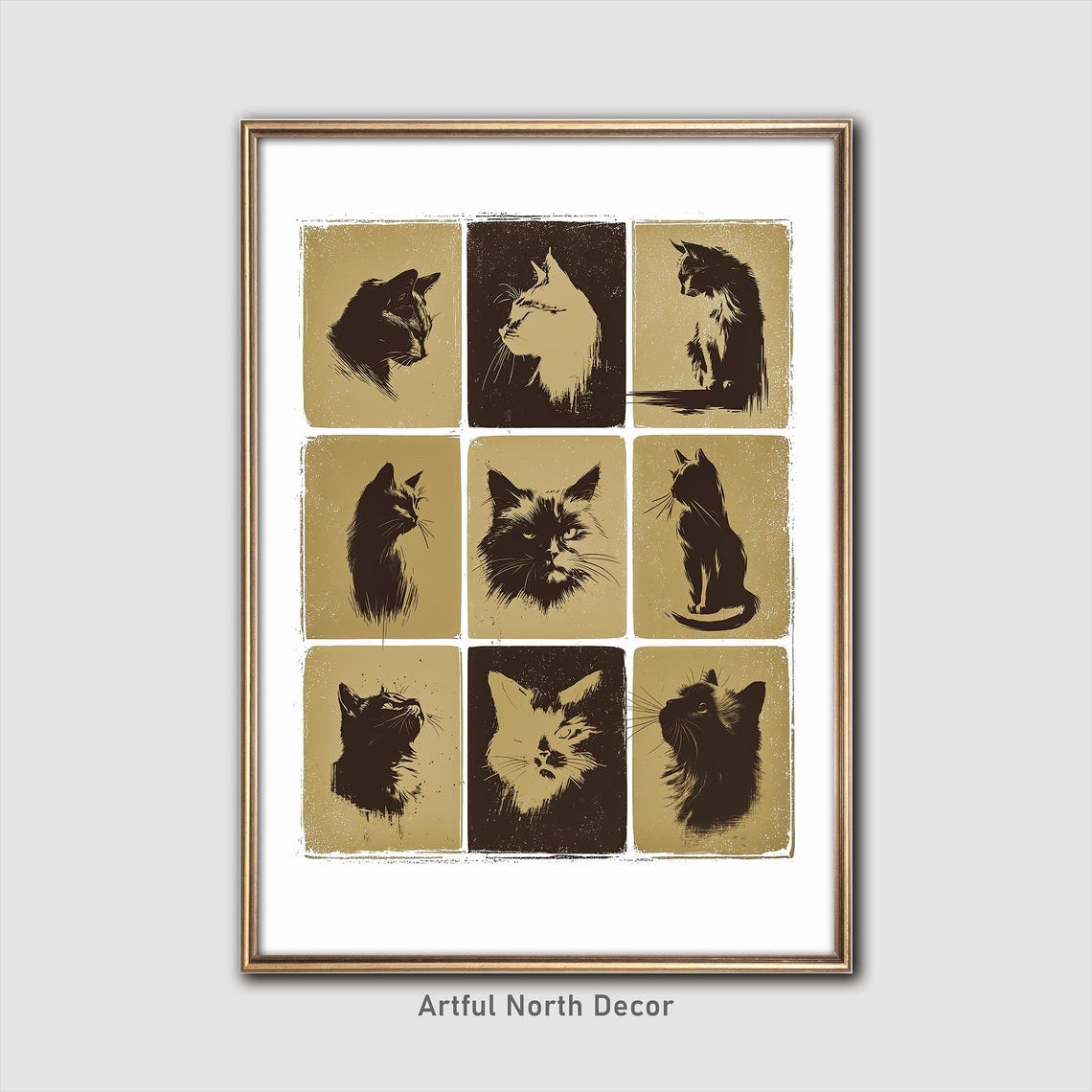 Retro Black Cat Silhouette Grid Vintage 70s Style Wall Art Decor