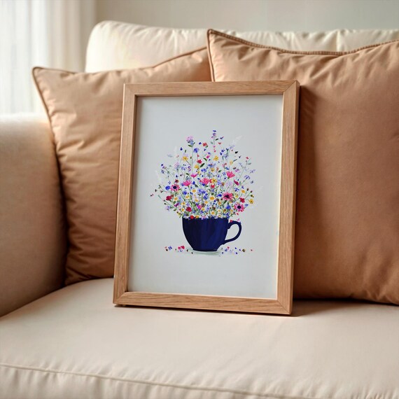 Wildflower Coffee Cup Blooming Watercolor Floral Desk Decor Wall Art
