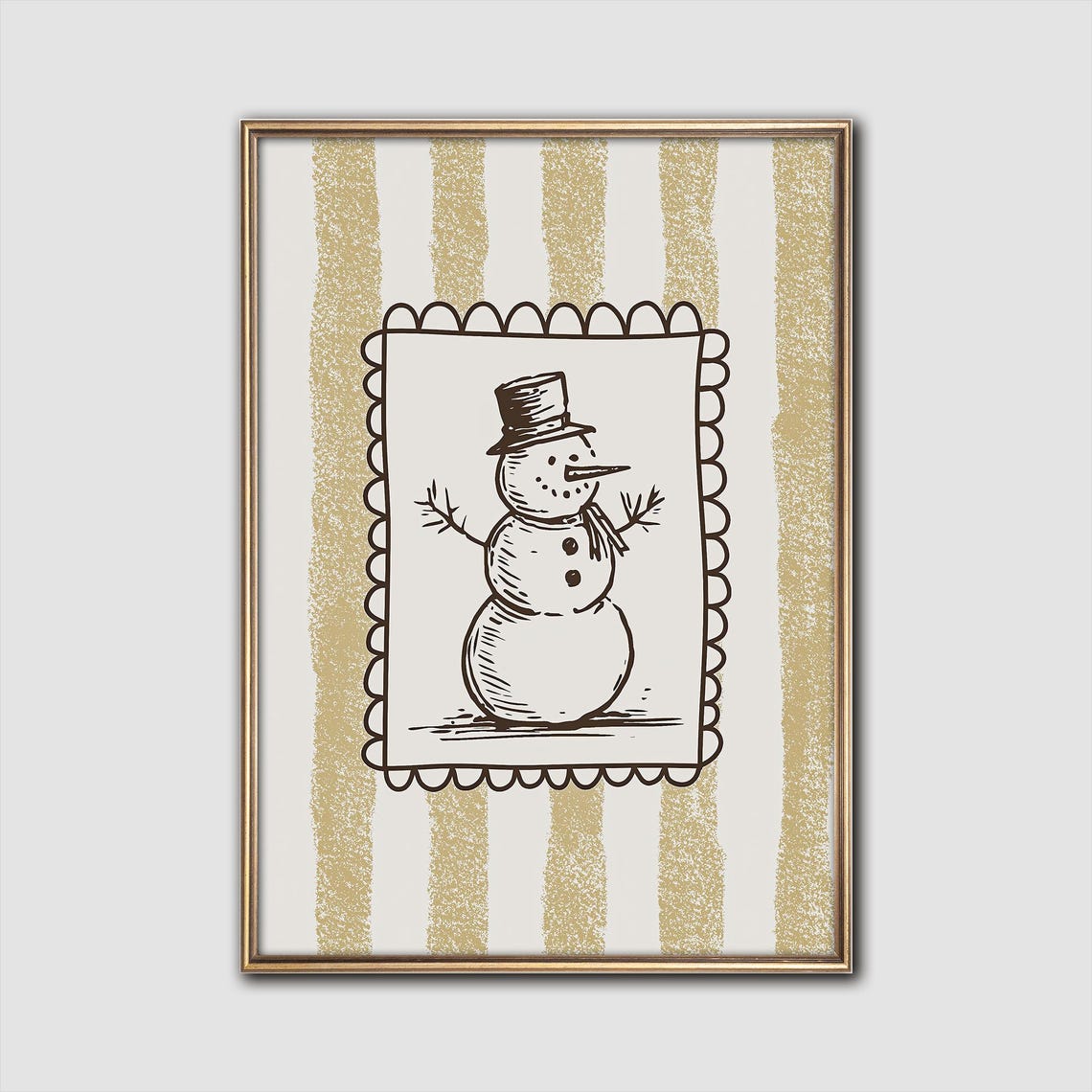Vintage Snowman Stamp Line Art on Gold Striped Christmas Poster