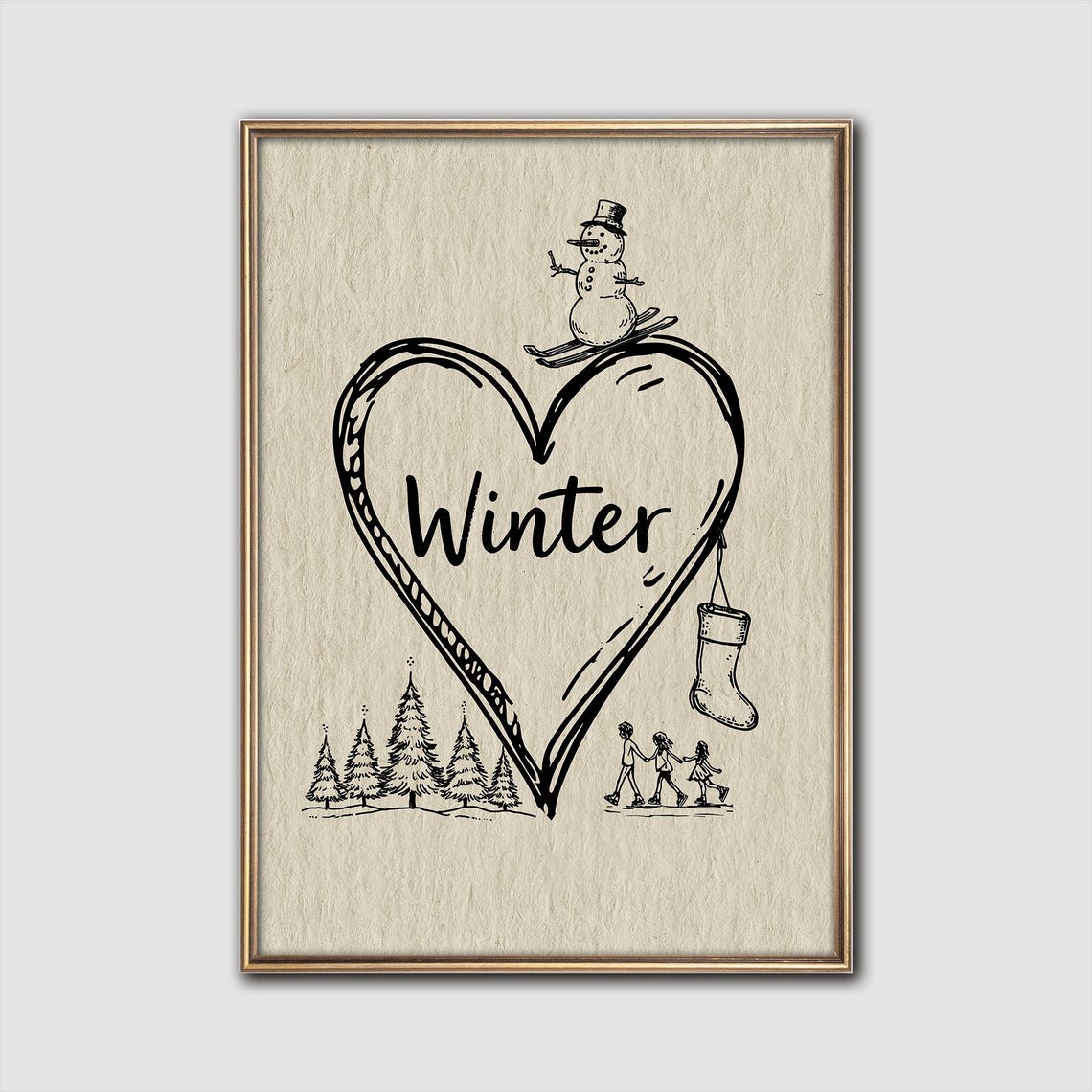 Winter Heart with Skiing Snowman Trees Skaters Vintage Holiday Poster