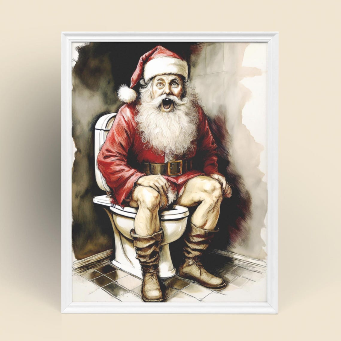 Funny Santa on Toilet Poster Humorous Christmas Bathroom Decor