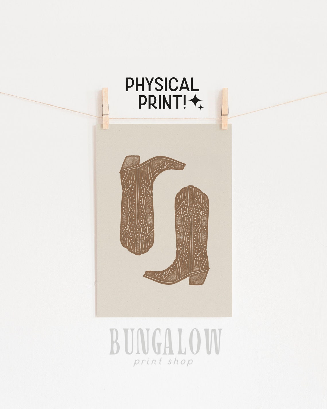 Brown Cowboy Boots Line Drawing Vintage Western Rustic Decor Print