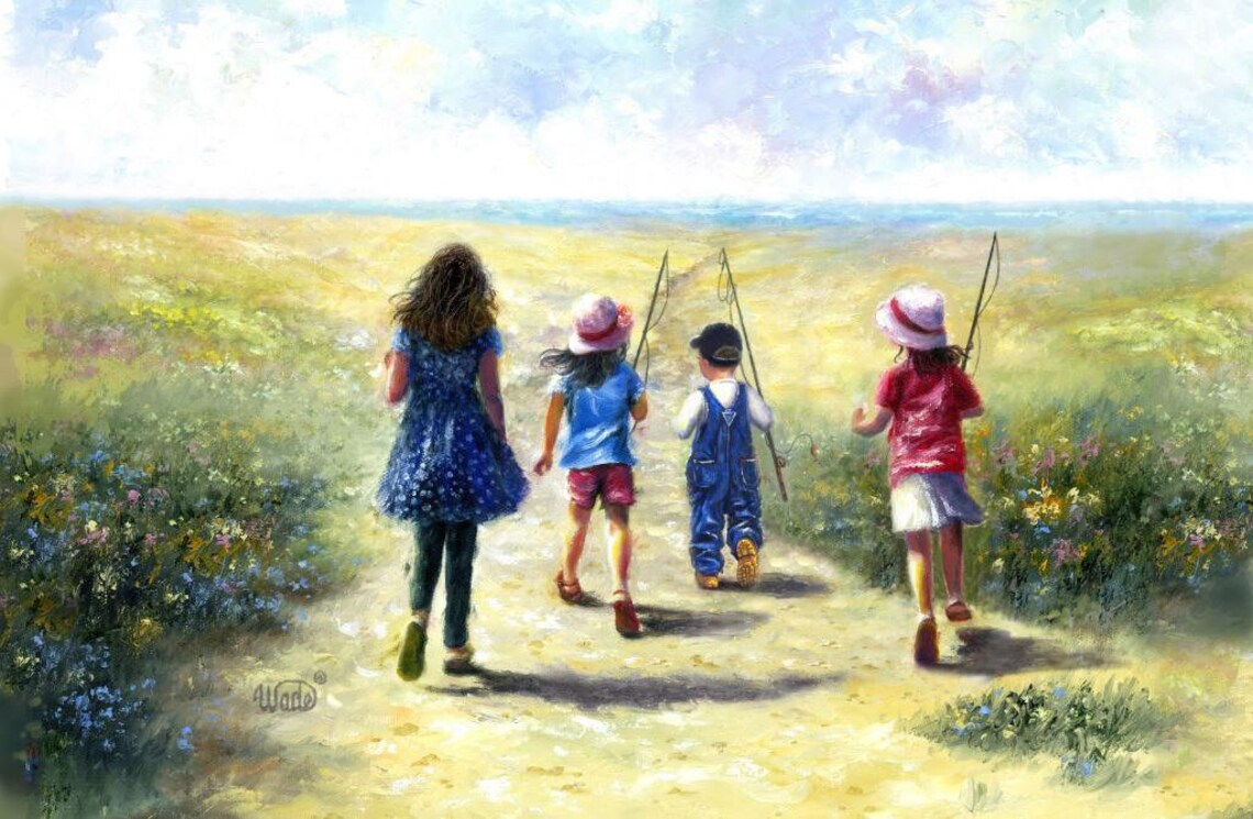Four Children Carrying Fishing Rods Down the Meadow Path Poster