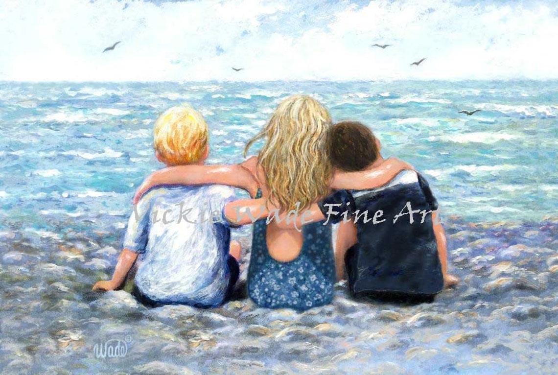 Two Brothers And Sister Hugging On Rocky Shoreline At Sunset Poster
