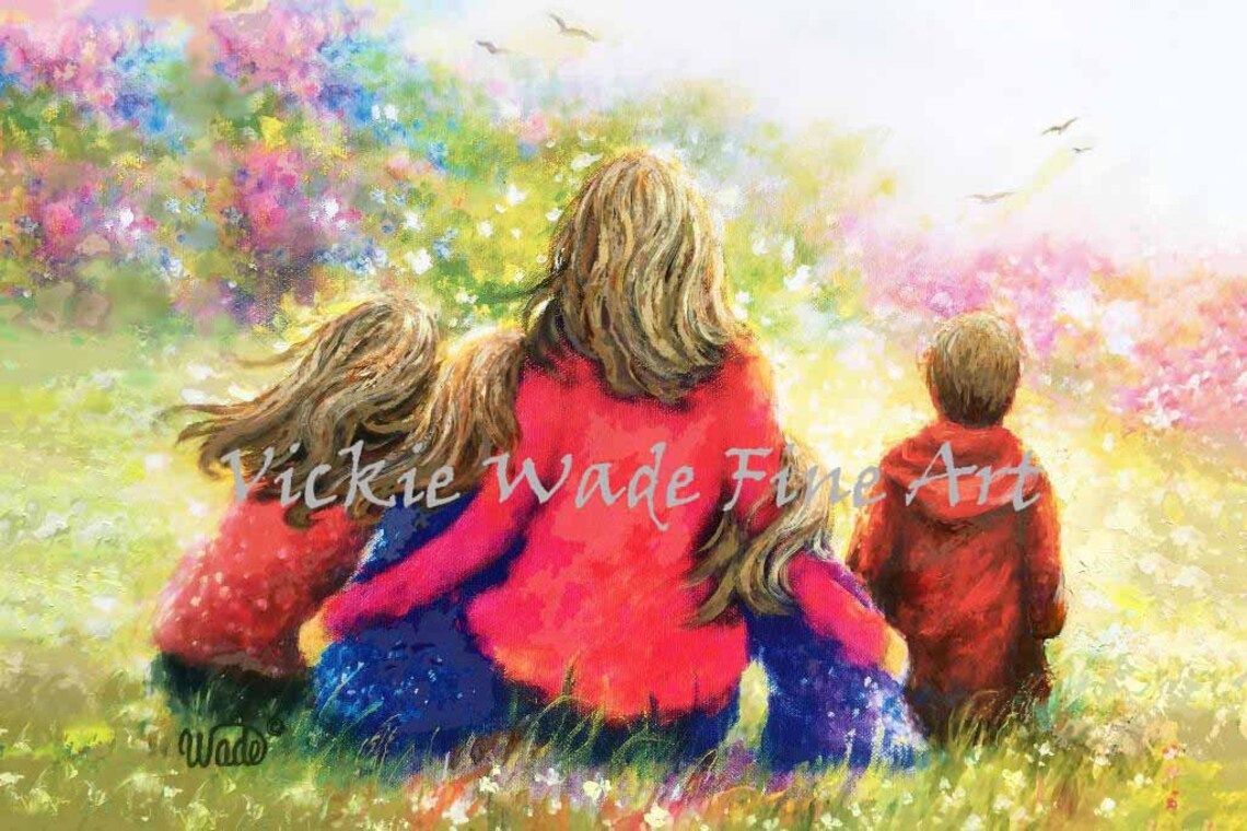 Mother With Her Three Children Sitting in a Blooming Garden Poster