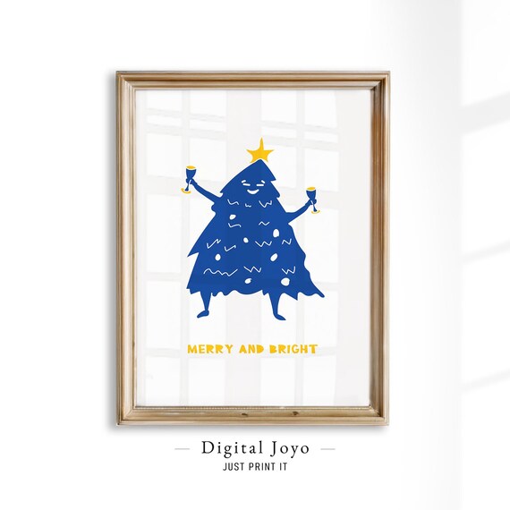 Merry And Bright Blue Dancing Christmas Tree Champagne Holiday Poster