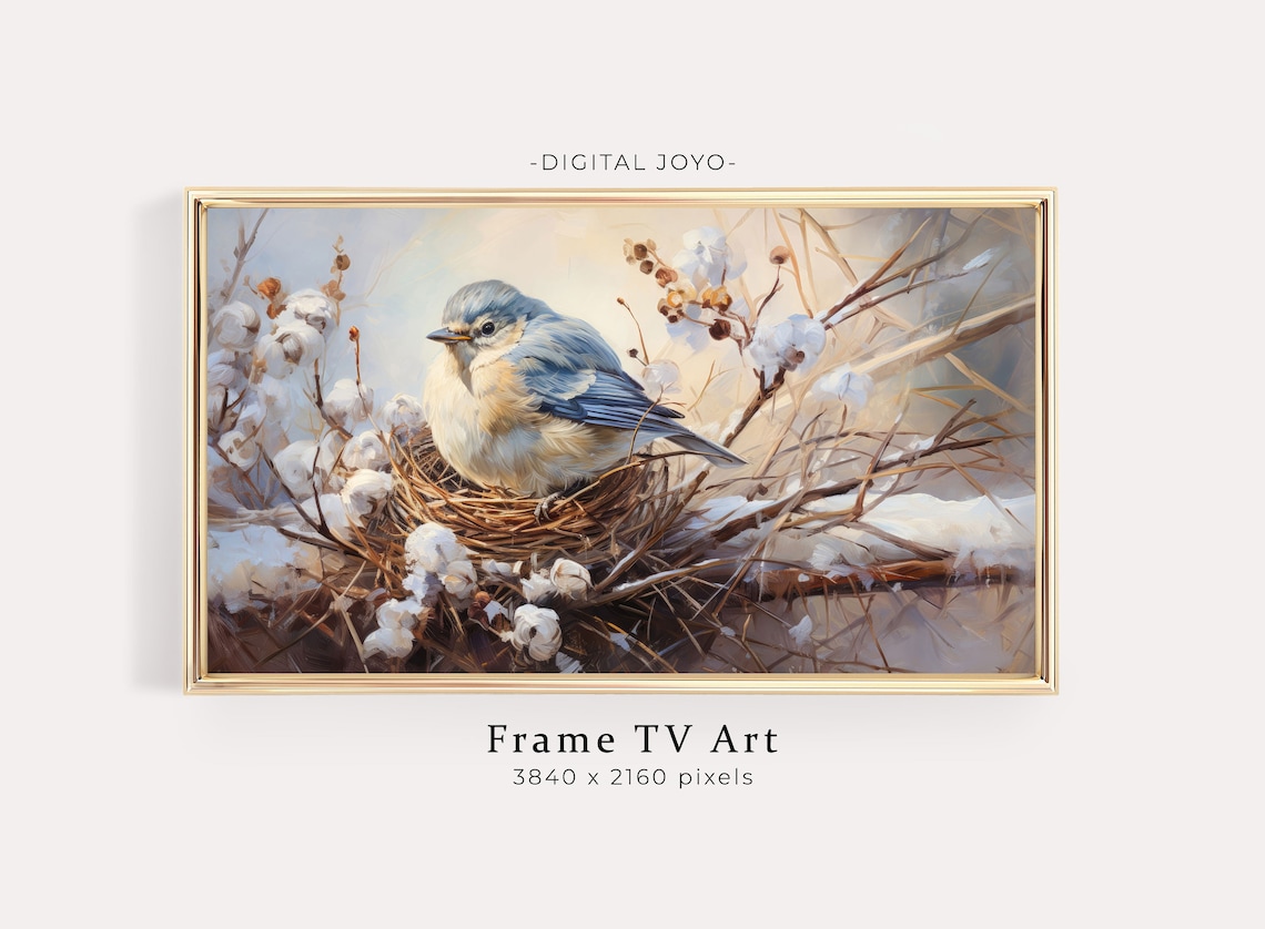 Cozy Bluebird in a Snowy Nest Winter Farmhouse TV Frame Poster