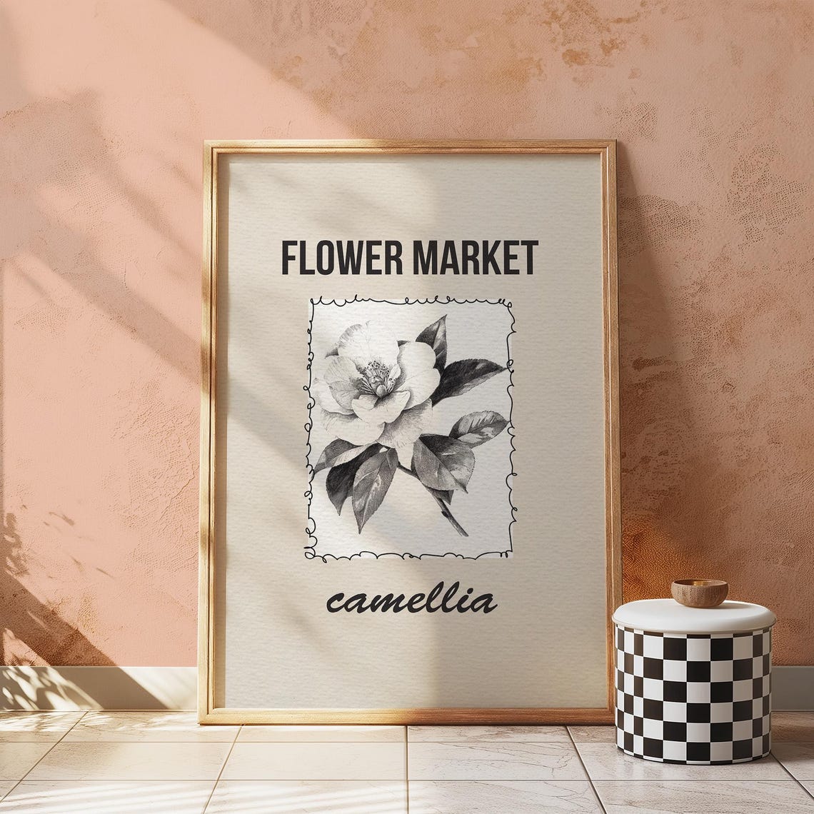 Flower Market Camellia Botanical Illustration Black White Poster