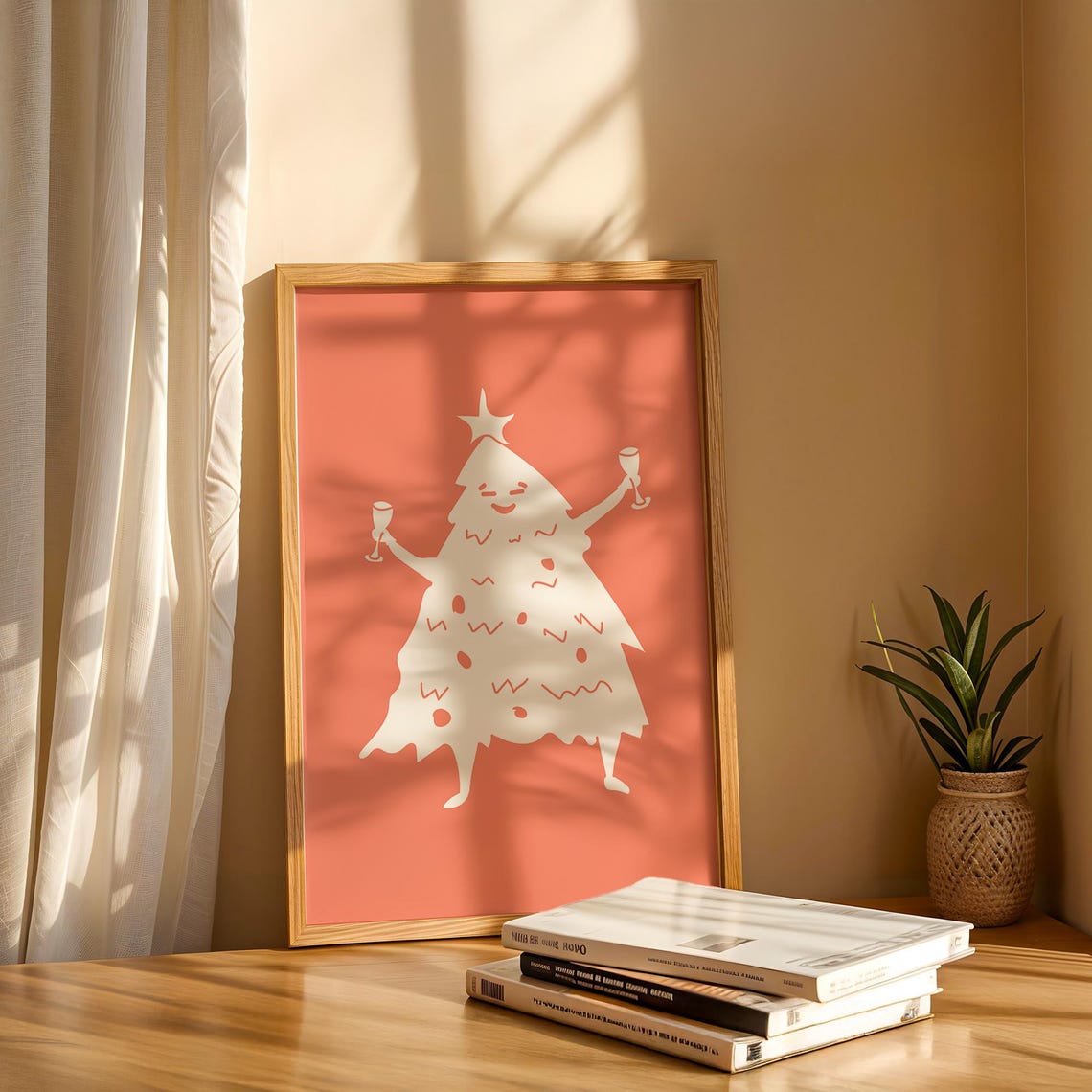 Whimsical Dancing Christmas Tree Champagne Coral Holiday Poster
